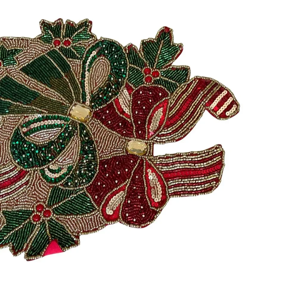 Nicole Miller Beaded Poinsettia Bow Table Runner 13x34 Pink Red Green New